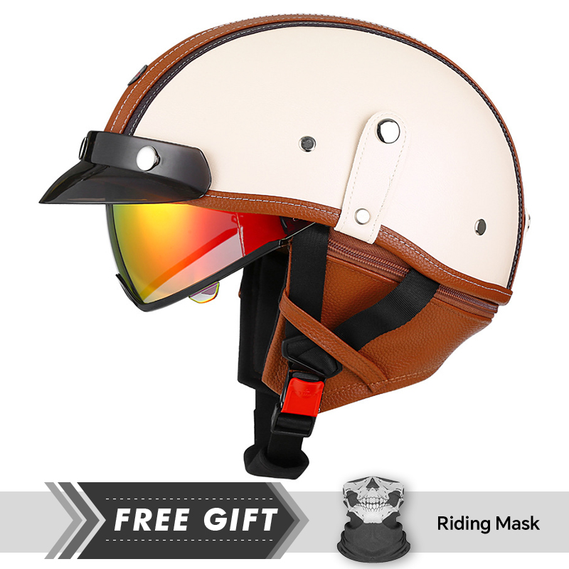 Motorcycle Gear Store - สินค้าใหม่หนัง Retro ครึ่งหน้าหมวกกันน็อครถจักรยานยนต์ DOT หมวกกันน็อคมอเตอร์ไซค์ผู้ชายผู้หญิง Unisex