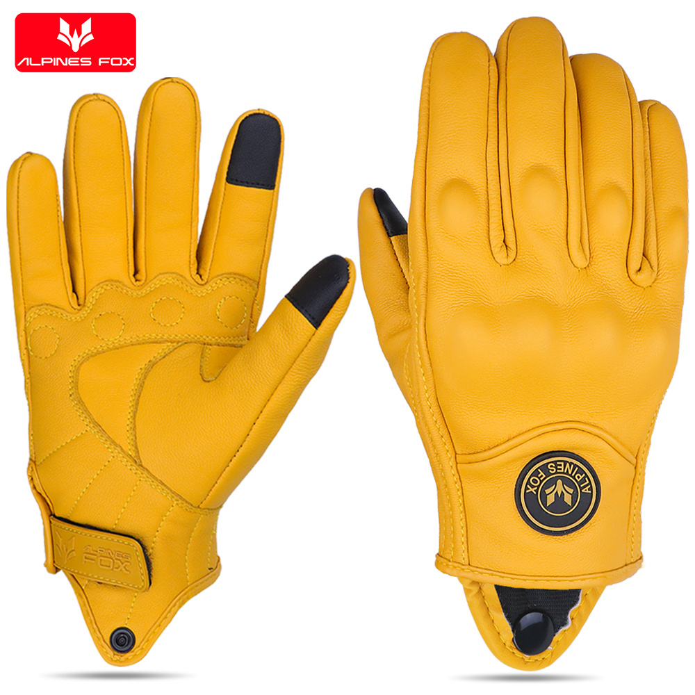 Motorcycle Gear Fox - ถุงมือหนังมอเตอร์ไซค์วินเทจสำหรับผู้ชายและผู้หญิง ถุงมือขี่มอเตอร์ไซค์ในเมือง รองรับการใช้งานหน้าจอสัมผัส ถุงมือมอเตอร์ครอส สีเหลือง