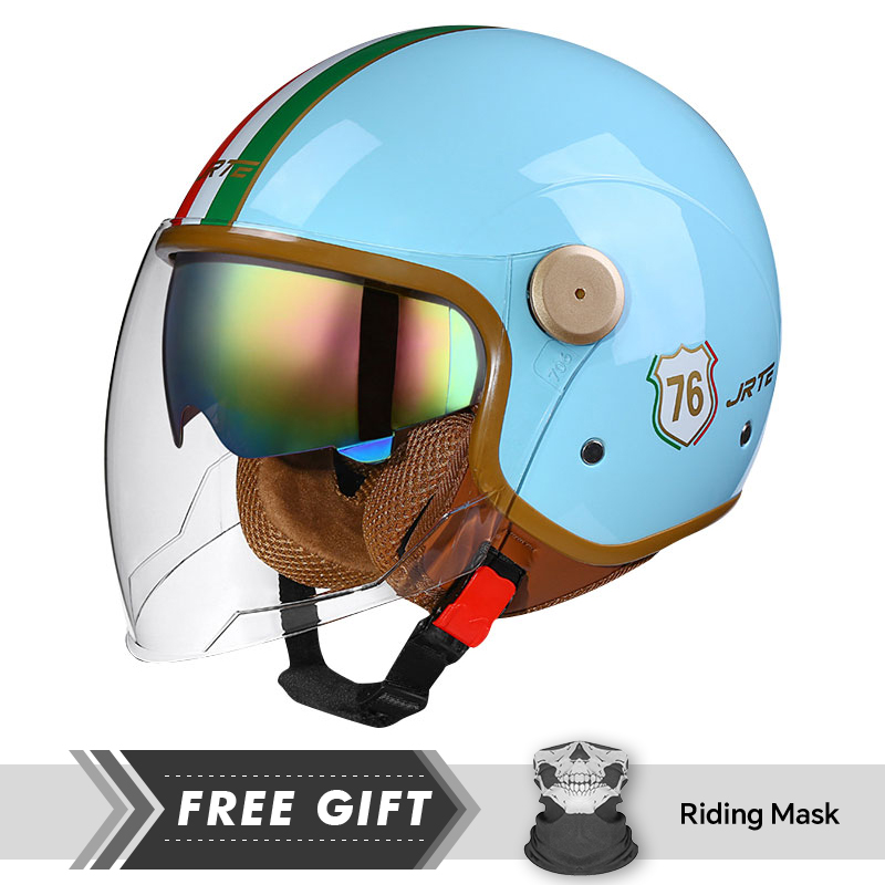 Motorcycle Gear Store - สินค้าใหม่คลาสสิกสีฟ้าเปิดหน้าหมวกกันน็อครถจักรยานยนต์เลนส์คู่ DOT ECE Vintage Jet หมวกกันน็อก