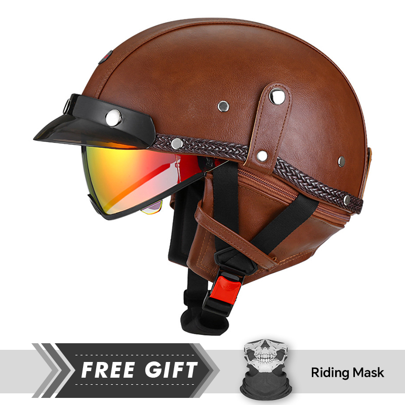Motorcycle Gear Store - ผู้ใหญ่ Retro หมวกกันน็อคครึ่งหน้า DOT หมวกกันน็อครถจักรยานยนต์ผู้ชายผู้หญิง Unisex